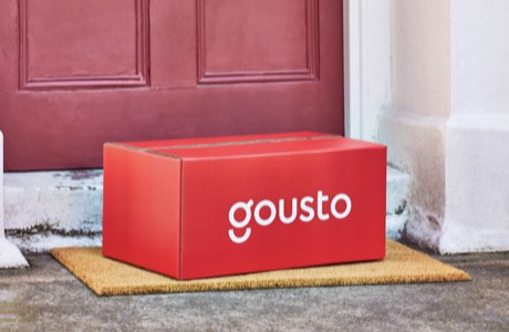 Infographic showing you can adjust your portions or get next day delivery with a gousto box in the background