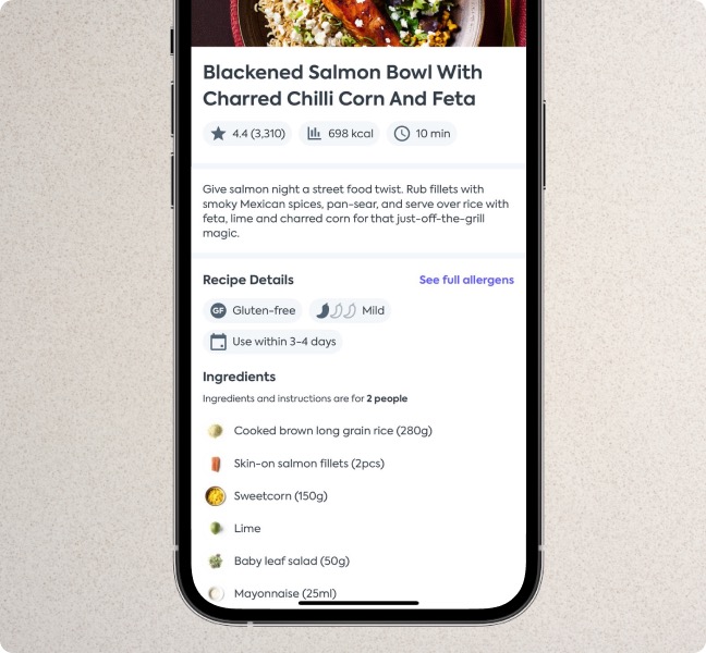Check ingredients: Open Recipe card in the menu displaying all the ingredients that come with the recipe.