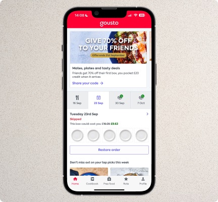 Step 5: Gousto app screen showing box management: change frequency, skip or cancel.